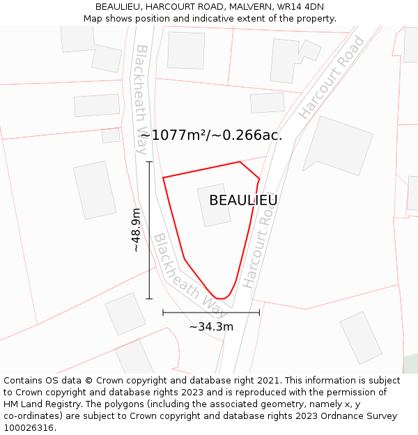 BEAULIEU, HARCOURT ROAD, MALVERN, WR14 4DN: Plot and title map