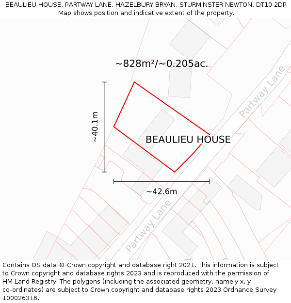BEAULIEU HOUSE, PARTWAY LANE, HAZELBURY BRYAN, STURMINSTER NEWTON, DT10 2DP: Plot and title map