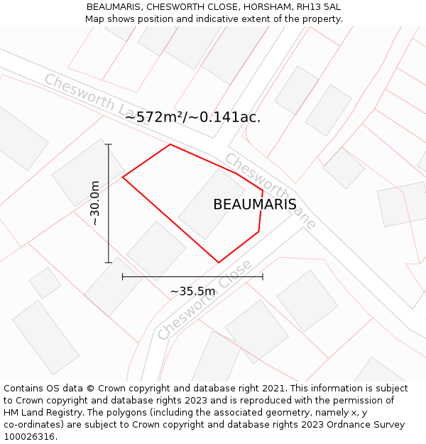 BEAUMARIS, CHESWORTH CLOSE, HORSHAM, RH13 5AL: Plot and title map