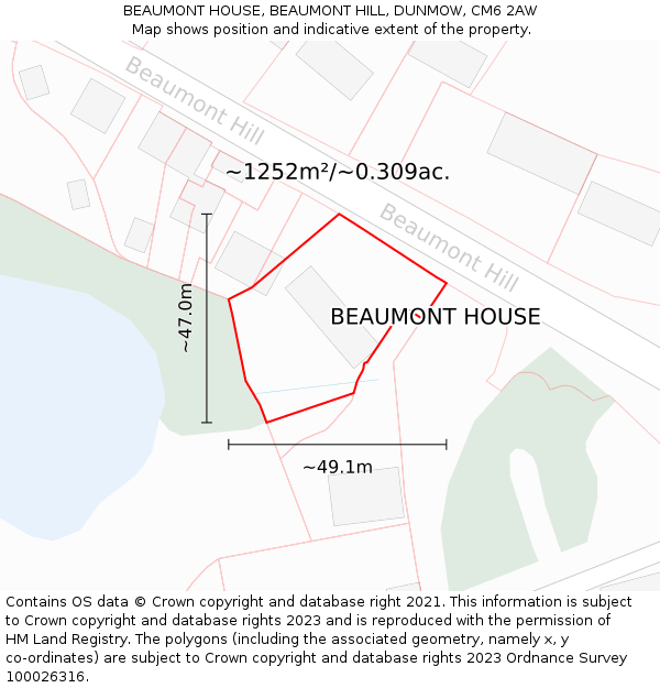 BEAUMONT HOUSE, BEAUMONT HILL, DUNMOW, CM6 2AW: Plot and title map