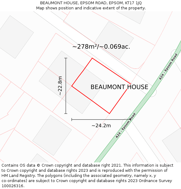 BEAUMONT HOUSE, EPSOM ROAD, EPSOM, KT17 1JQ: Plot and title map