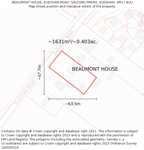 BEAUMONT HOUSE, EVESHAM ROAD, SALFORD PRIORS, EVESHAM, WR11 8UU: Plot and title map