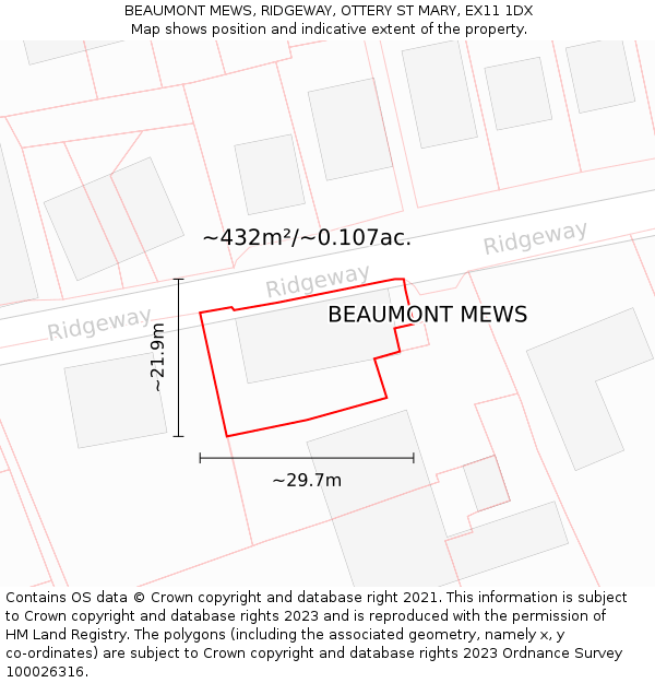 BEAUMONT MEWS, RIDGEWAY, OTTERY ST MARY, EX11 1DX: Plot and title map