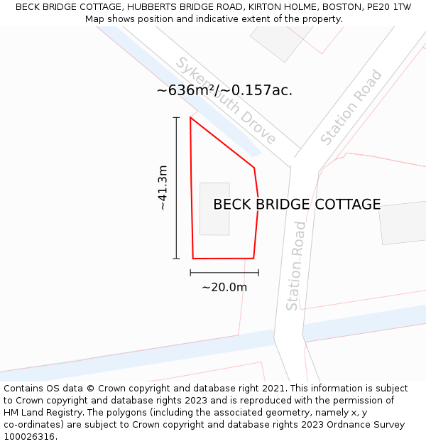 BECK BRIDGE COTTAGE, HUBBERTS BRIDGE ROAD, KIRTON HOLME, BOSTON, PE20 1TW: Plot and title map