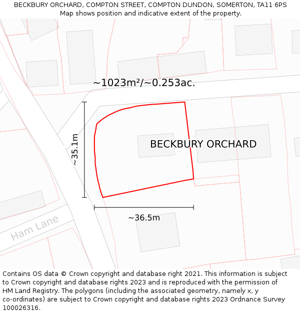 BECKBURY ORCHARD, COMPTON STREET, COMPTON DUNDON, SOMERTON, TA11 6PS: Plot and title map