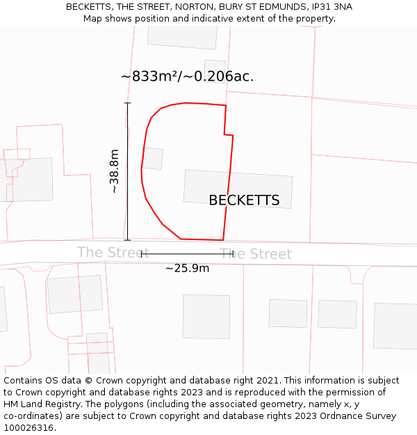 BECKETTS, THE STREET, NORTON, BURY ST EDMUNDS, IP31 3NA: Plot and title map