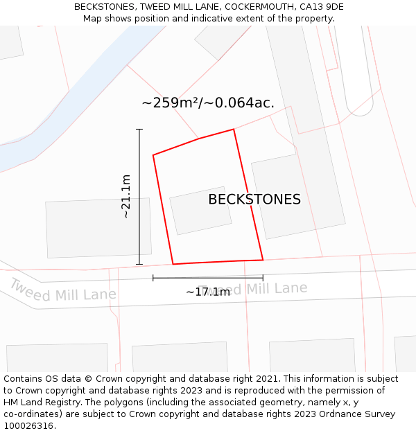 BECKSTONES, TWEED MILL LANE, COCKERMOUTH, CA13 9DE: Plot and title map