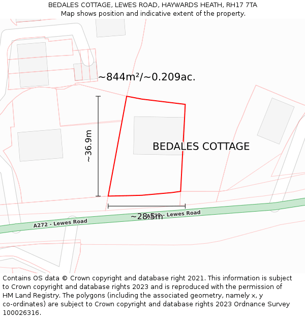 BEDALES COTTAGE, LEWES ROAD, HAYWARDS HEATH, RH17 7TA: Plot and title map