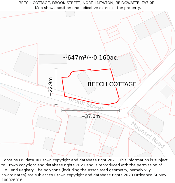 BEECH COTTAGE, BROOK STREET, NORTH NEWTON, BRIDGWATER, TA7 0BL: Plot and title map