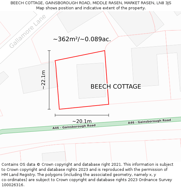 BEECH COTTAGE, GAINSBOROUGH ROAD, MIDDLE RASEN, MARKET RASEN, LN8 3JS: Plot and title map