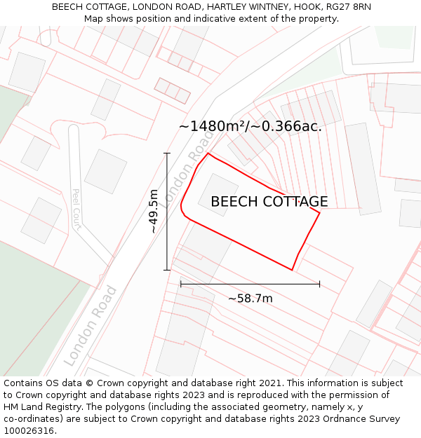 BEECH COTTAGE, LONDON ROAD, HARTLEY WINTNEY, HOOK, RG27 8RN: Plot and title map