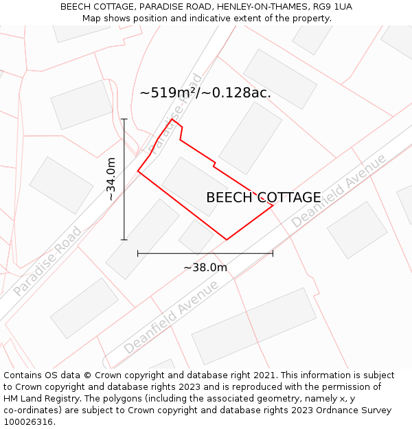 BEECH COTTAGE, PARADISE ROAD, HENLEY-ON-THAMES, RG9 1UA: Plot and title map