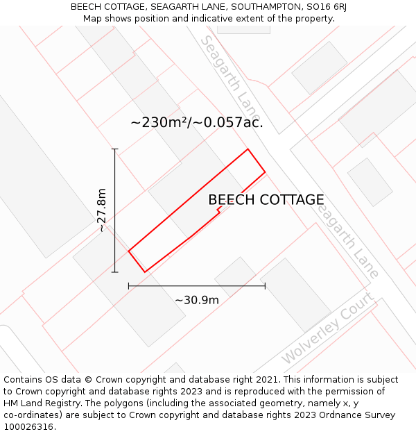 BEECH COTTAGE, SEAGARTH LANE, SOUTHAMPTON, SO16 6RJ: Plot and title map