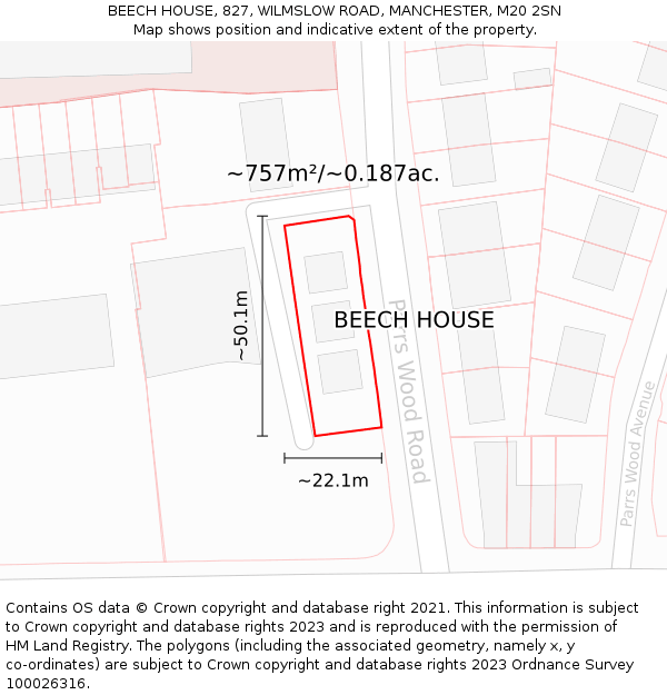 BEECH HOUSE, 827, WILMSLOW ROAD, MANCHESTER, M20 2SN: Plot and title map