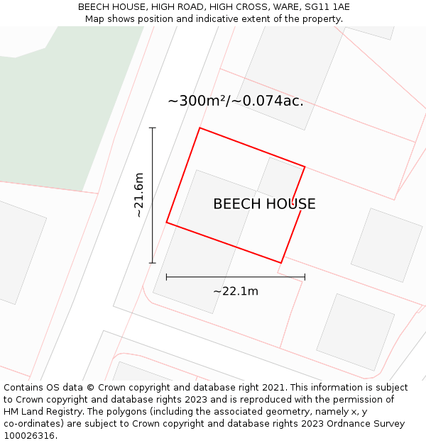 BEECH HOUSE, HIGH ROAD, HIGH CROSS, WARE, SG11 1AE: Plot and title map