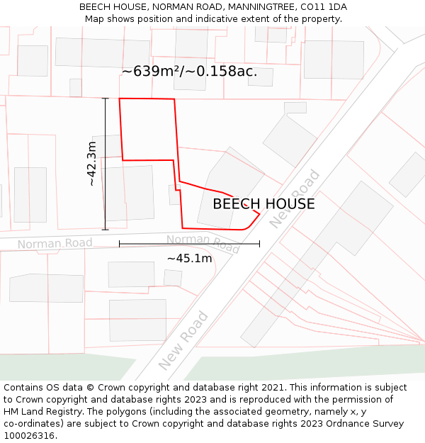 BEECH HOUSE, NORMAN ROAD, MANNINGTREE, CO11 1DA: Plot and title map