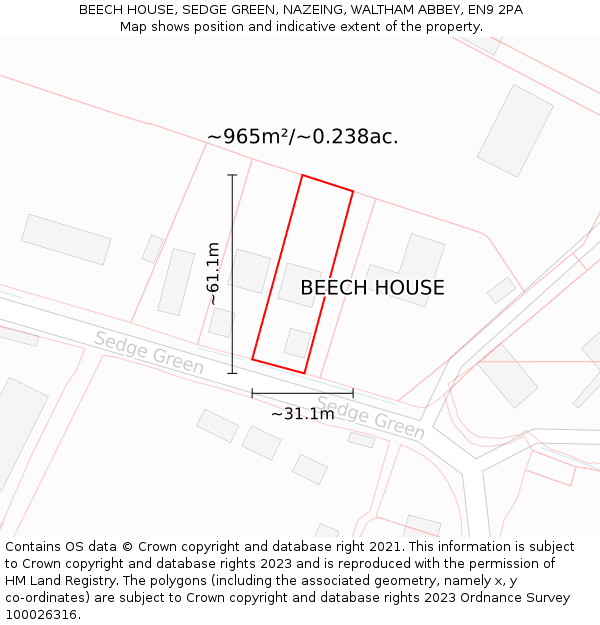 BEECH HOUSE, SEDGE GREEN, NAZEING, WALTHAM ABBEY, EN9 2PA: Plot and title map