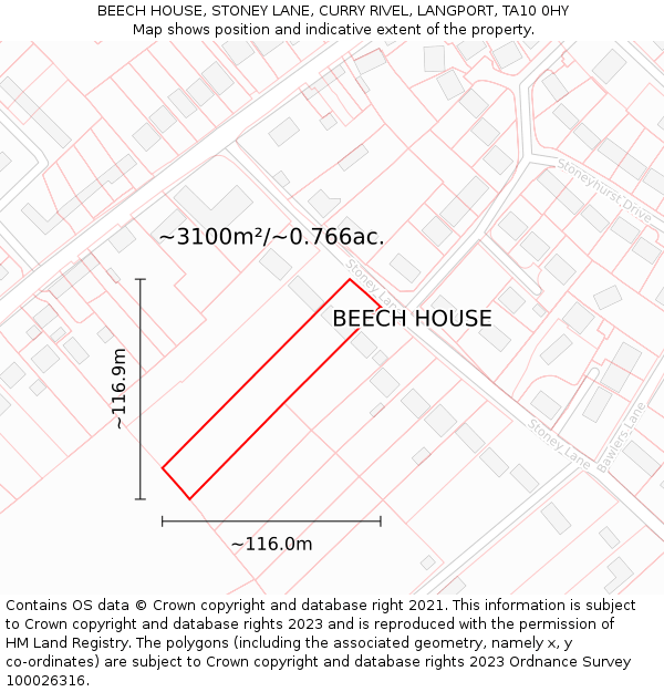 BEECH HOUSE, STONEY LANE, CURRY RIVEL, LANGPORT, TA10 0HY: Plot and title map