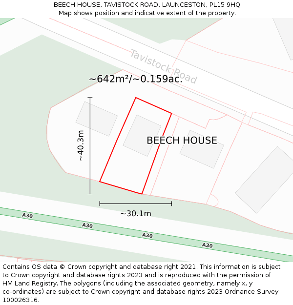 BEECH HOUSE, TAVISTOCK ROAD, LAUNCESTON, PL15 9HQ: Plot and title map