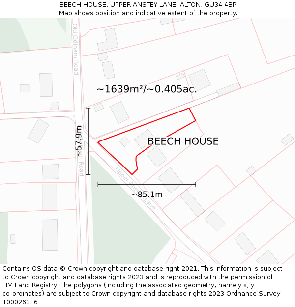 BEECH HOUSE, UPPER ANSTEY LANE, ALTON, GU34 4BP: Plot and title map
