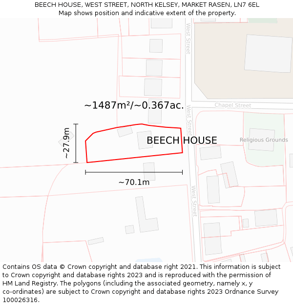 BEECH HOUSE, WEST STREET, NORTH KELSEY, MARKET RASEN, LN7 6EL: Plot and title map