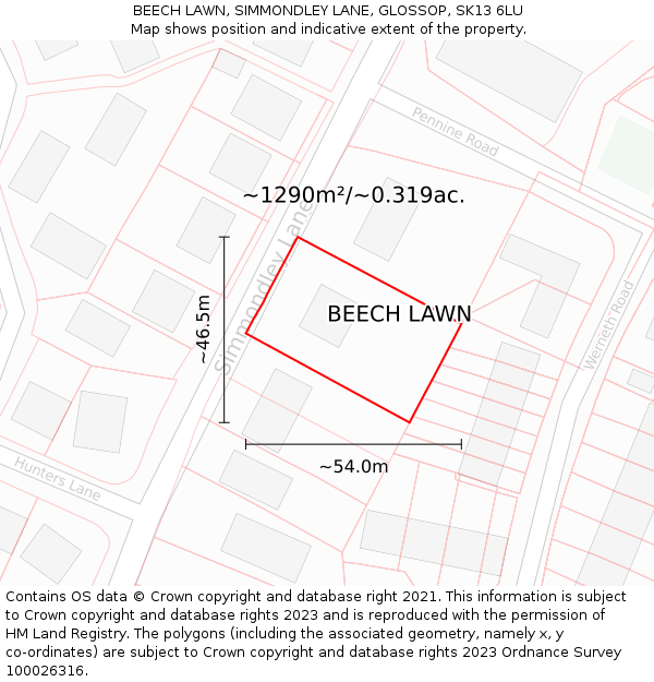 BEECH LAWN, SIMMONDLEY LANE, GLOSSOP, SK13 6LU: Plot and title map