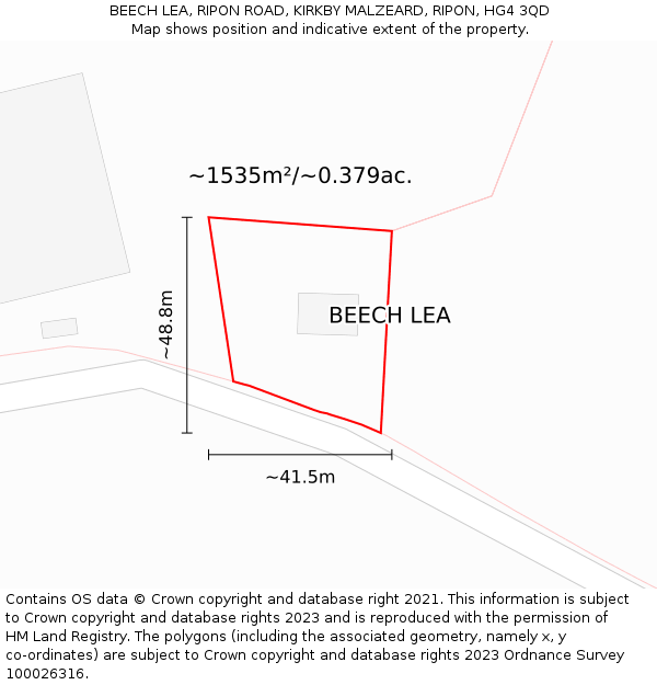 BEECH LEA, RIPON ROAD, KIRKBY MALZEARD, RIPON, HG4 3QD: Plot and title map