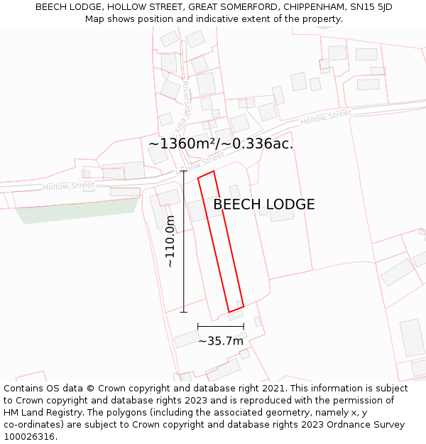 BEECH LODGE, HOLLOW STREET, GREAT SOMERFORD, CHIPPENHAM, SN15 5JD: Plot and title map