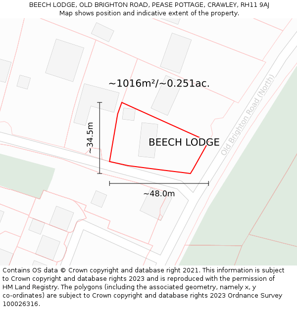 BEECH LODGE, OLD BRIGHTON ROAD, PEASE POTTAGE, CRAWLEY, RH11 9AJ: Plot and title map