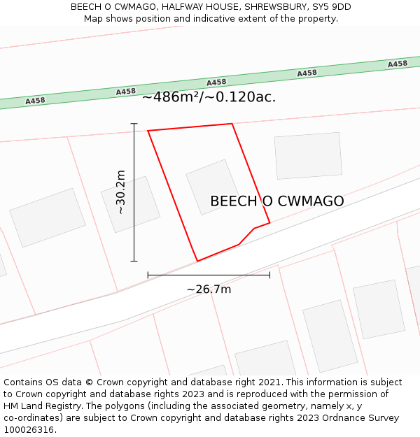 BEECH O CWMAGO, HALFWAY HOUSE, SHREWSBURY, SY5 9DD: Plot and title map