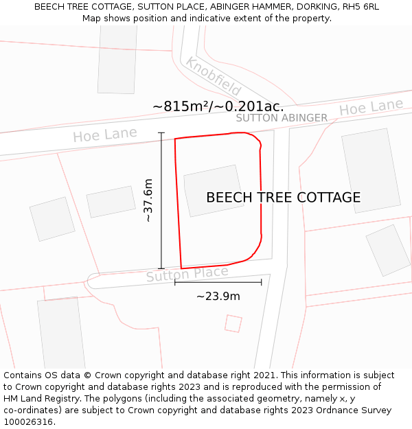 BEECH TREE COTTAGE, SUTTON PLACE, ABINGER HAMMER, DORKING, RH5 6RL: Plot and title map