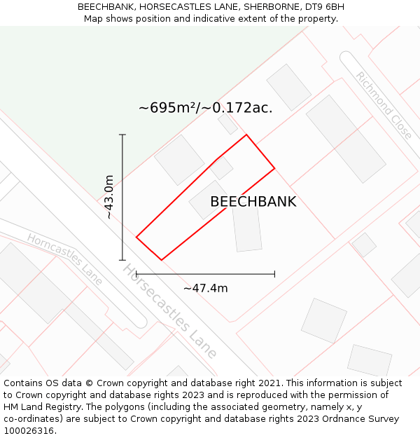 BEECHBANK, HORSECASTLES LANE, SHERBORNE, DT9 6BH: Plot and title map