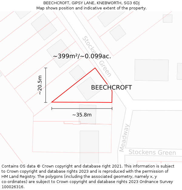 BEECHCROFT, GIPSY LANE, KNEBWORTH, SG3 6DJ: Plot and title map