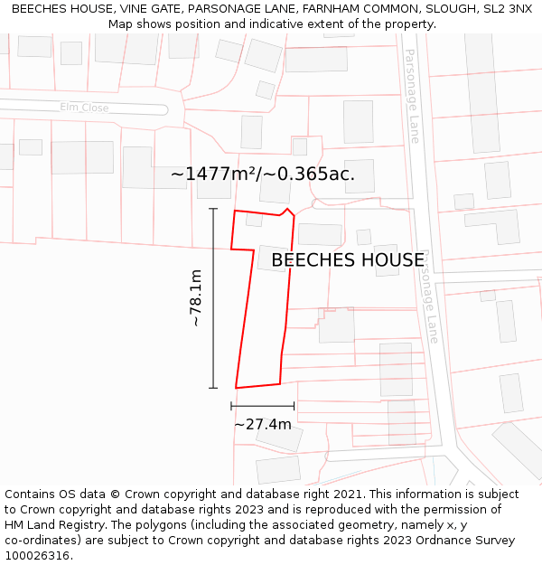 BEECHES HOUSE, VINE GATE, PARSONAGE LANE, FARNHAM COMMON, SLOUGH, SL2 3NX: Plot and title map