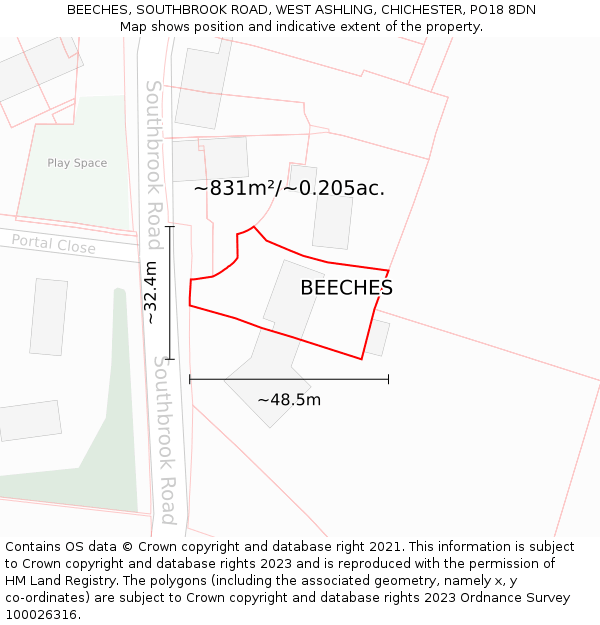 BEECHES, SOUTHBROOK ROAD, WEST ASHLING, CHICHESTER, PO18 8DN: Plot and title map