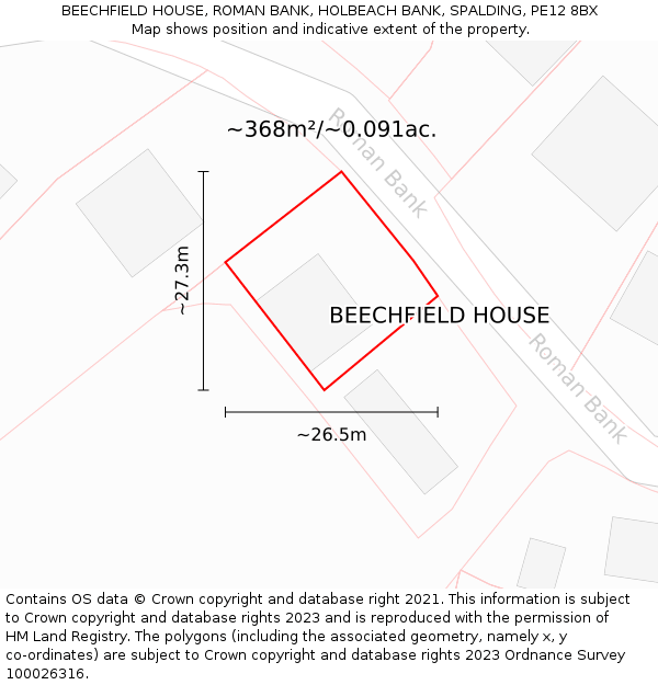 BEECHFIELD HOUSE, ROMAN BANK, HOLBEACH BANK, SPALDING, PE12 8BX: Plot and title map