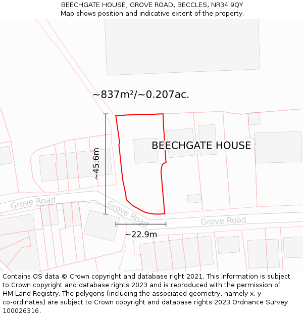 BEECHGATE HOUSE, GROVE ROAD, BECCLES, NR34 9QY: Plot and title map