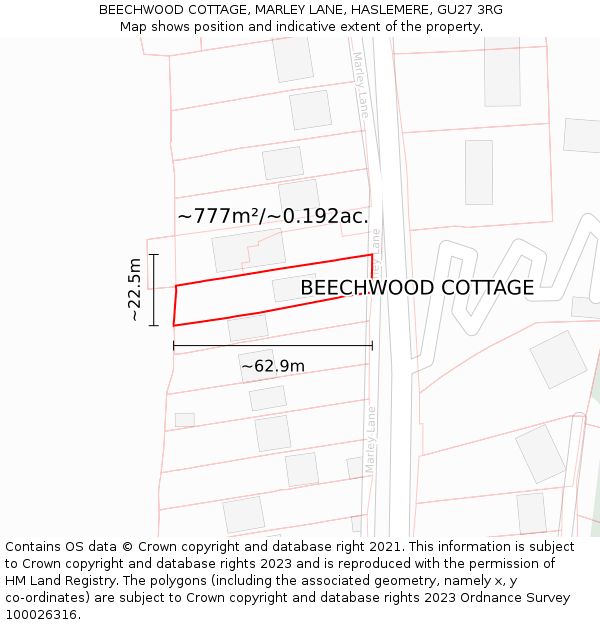 BEECHWOOD COTTAGE, MARLEY LANE, HASLEMERE, GU27 3RG: Plot and title map