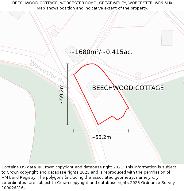 BEECHWOOD COTTAGE, WORCESTER ROAD, GREAT WITLEY, WORCESTER, WR6 6HX: Plot and title map