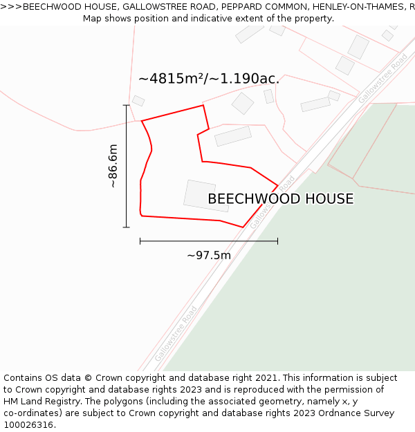 BEECHWOOD HOUSE, GALLOWSTREE ROAD, PEPPARD COMMON, HENLEY-ON-THAMES, RG9 5HT: Plot and title map