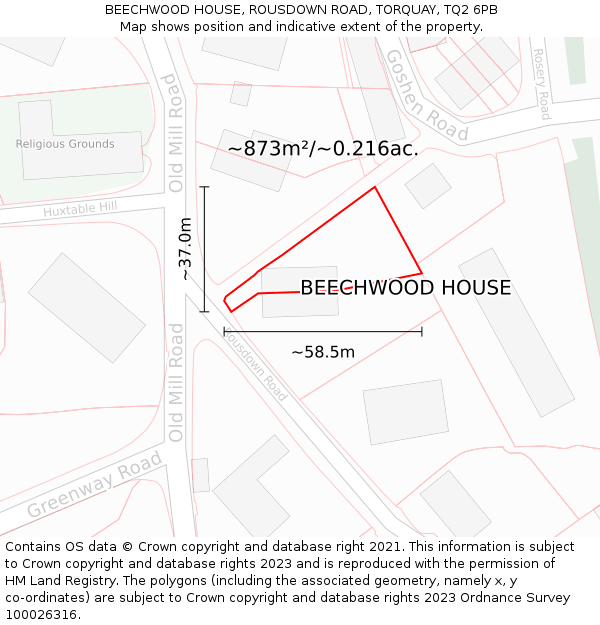 BEECHWOOD HOUSE, ROUSDOWN ROAD, TORQUAY, TQ2 6PB: Plot and title map