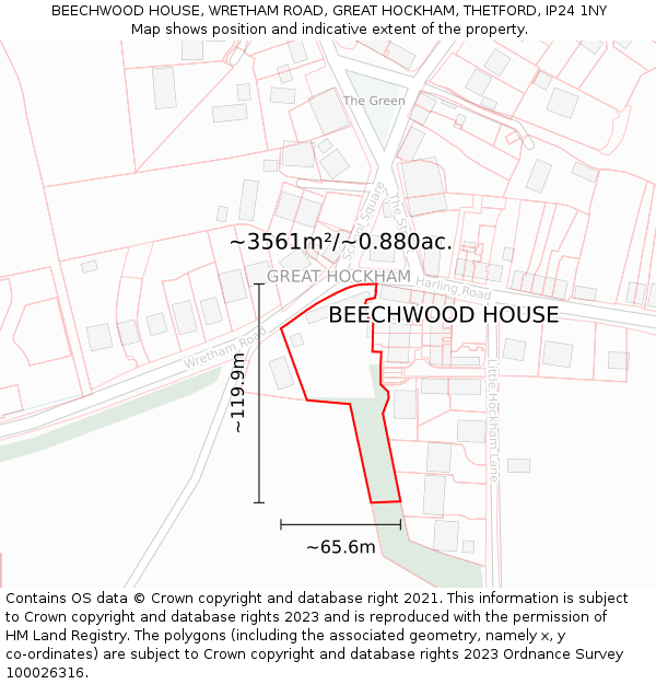 BEECHWOOD HOUSE, WRETHAM ROAD, GREAT HOCKHAM, THETFORD, IP24 1NY: Plot and title map