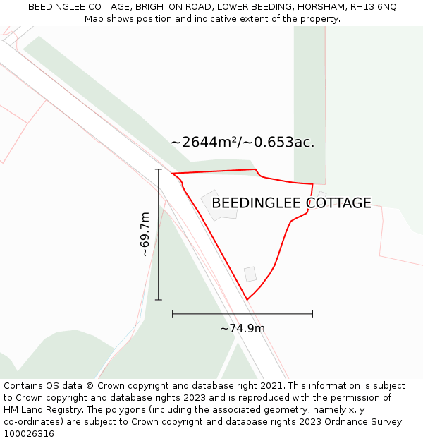 BEEDINGLEE COTTAGE, BRIGHTON ROAD, LOWER BEEDING, HORSHAM, RH13 6NQ: Plot and title map