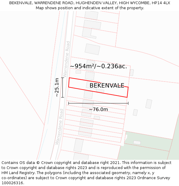 BEKENVALE, WARRENDENE ROAD, HUGHENDEN VALLEY, HIGH WYCOMBE, HP14 4LX: Plot and title map