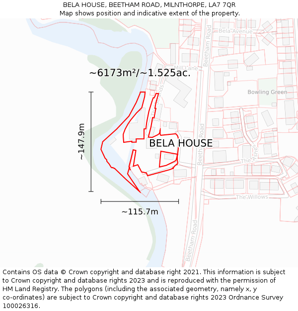 BELA HOUSE, BEETHAM ROAD, MILNTHORPE, LA7 7QR: Plot and title map