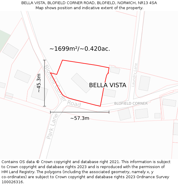 BELLA VISTA, BLOFIELD CORNER ROAD, BLOFIELD, NORWICH, NR13 4SA: Plot and title map