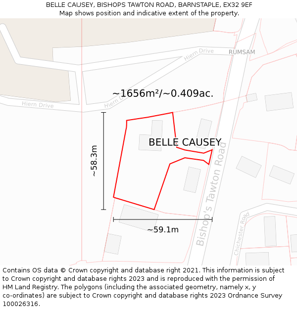 BELLE CAUSEY, BISHOPS TAWTON ROAD, BARNSTAPLE, EX32 9EF: Plot and title map