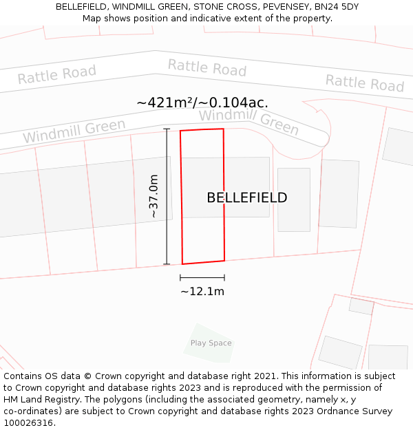 BELLEFIELD, WINDMILL GREEN, STONE CROSS, PEVENSEY, BN24 5DY: Plot and title map