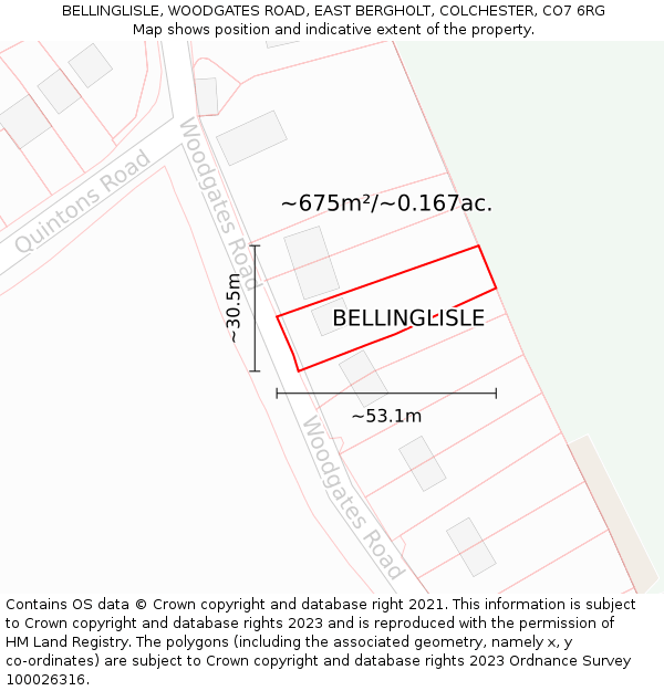 BELLINGLISLE, WOODGATES ROAD, EAST BERGHOLT, COLCHESTER, CO7 6RG: Plot and title map
