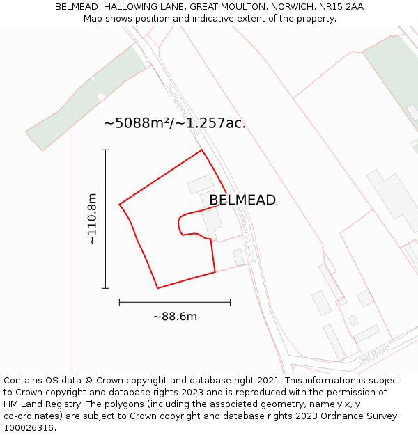 BELMEAD, HALLOWING LANE, GREAT MOULTON, NORWICH, NR15 2AA: Plot and title map